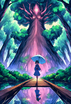 Anime illustration of a Japanese schoolgirl holding a transparent umbrella. She gracefully walks across a wooden bridge, with the reflection of her steps visible on the wet ground below. The background is a lush, mystical forest with towering trees and a soft, ethereal glow. Style by Makoto Shinkai. Dreamyvibes Artstyle