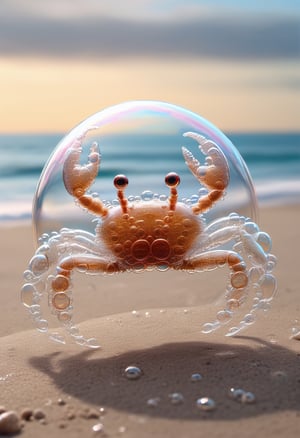 photorealistic fully transparent  crab made of soap bubbles, highly detailed, on the beach in front of the ocean, perfectly rendered