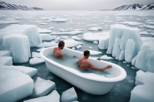 Photo of a man paddling a porcelain bathtub through Arctic ice.