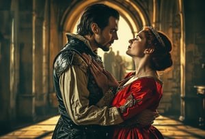 Fine art photo, glamour shot, couple hugging, Macbeth and Lady Macbeth, castle interior, stylized, Light, epic atmosphere, theatrical, 