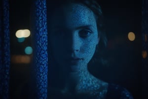 cinematic film still of   A silhouette photo of a mosaic princess looking at camera in a dark street at blue night with her face casting window curtain shadow style, shallow depth of field, vignette, highly detailed, high budget, bokeh, cinemascope, moody, epic, gorgeous, film grain, grainy