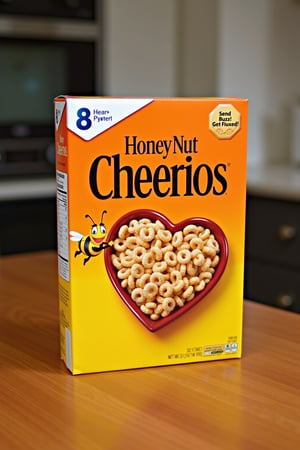 General Mills 'Honey Nut Cheerios' cereal box sitting on a kitchen table. The box is prominently displayed in the center of the table, featuring the iconic orange and yellow colors with the bee mascot and a bowl of Cheerios on the front. There is a speech bubbled that say 'Send Buzz!  Get Fluxed!'