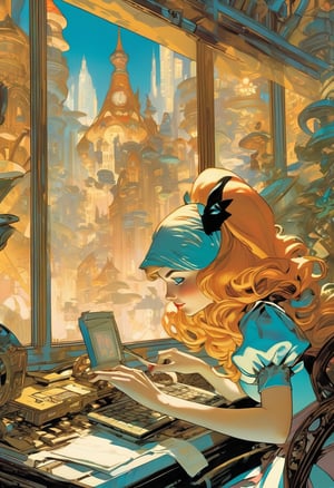 Disney Alice in Wonderland, hacking on a computer. Large window, cyberpunk cityscape, art by J.C. Leyendecker 