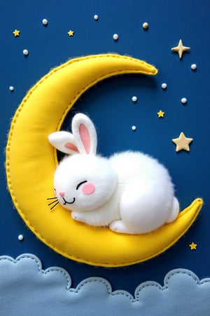 Felt material, suitable for illustrations in children's picture books. A fluffy and cute little white rabbit is sleeping on a yellow crescent moon. The background is a blue starry sky. Very cute.