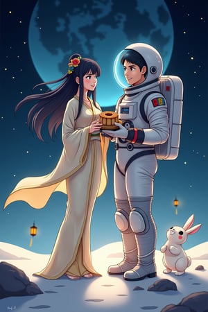 Prompt: Anime style by J.C. Leyndecker. lyn. iam. ando. An astronaut celebrating the Moon Festival on the surface of the moon with Chang'e, the moon goddess, and the Jade Rabbit. The astronaut is in a modern spacesuit, holding a mooncake, while Chang'e stands beside him, wearing traditional, flowing robes with a soft, glowing aura. The Jade Rabbit hops playfully around them. They are surrounded by a serene lunar landscape, with Earth glowing in the starry sky behind them. A small floating lantern adds to the festive atmosphere. The overall scene blends elements of Chinese mythology with a futuristic space setting.,