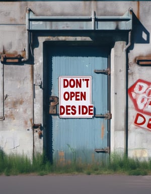 Industrial Derelict building with door painted with sign "Don't Open Dead Inside"