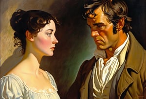 Art by N.C. Wyeth. Closeup of a couple staring intensely at each other.  Elizabeth Bennet and Mr. Darcy from Pride and Prejudice