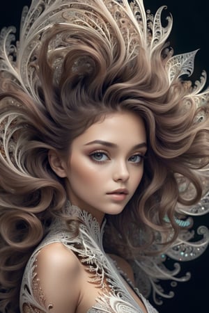 her hair is a beautiful fractal,  beautiful woman,