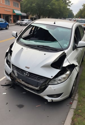 sedancar crash car damage, high resolution photography, candid cellphone photo
