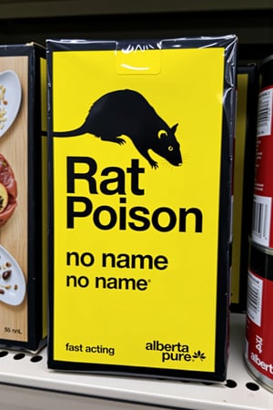 This is a photograph of a packaging box for rat poison. The box is rectangular with a bright yellow background and a black border, displaying a minimalist design with the silhouette of a large dead rat on the box. The front of the box features prominent black bold text "Rat", and "Poison" below in a larger, bolder font. Below this, in smaller text, it reads "no name" in black. The dimensions are specified as "Fast acting" and the text "alberta pure" is printed at the bottom right corner.  The box is sitting on a grocery store shelf.