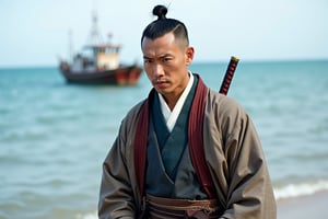 A Japanese man dressed as a Samurai, with a chonmage  haircut. He has a sword hanging around his waist. Background is the sea with a fishing boat