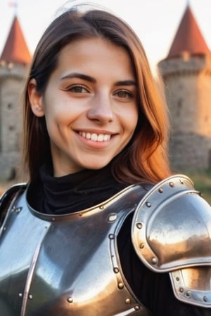 Selfie of  pretty Argentine young woman in medieval metal armor, near a faraway castle at sunset. casual photo, closeup, smiling