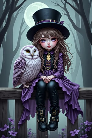 Dreamy art. A little girl with messy long hair sitting on the fence with her fluffy owl beside her. She wears a top hat,  leather pants, buckled boots. The color palette includes purples, pinks, blacks, green and lavenders, with touches of white. She has marbled lipstick. The setting is magical and enchanting, like a moonlit forest or mystical castle, reminiscent of Anton Semenov's work.surrounded by a misty color palette of translucent blues, pale grays, and ethereal silvers, contrasting with hints of faded lavender and soft ghost green, incorporating indie fashion with flowing, otherworldly fabrics and vintage lace details.