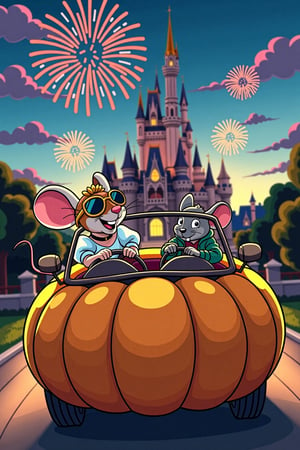 A whimsical illustration of a mouse driving Cinderella to the ball in a car shaped like a big, round pumpkin. Cinderella is sitting in the passenger seat on the left, wearing cool aviator glasses, smiling with excitement. The mouse is sitting on the right, gripping the wheel, determined to get her there on time. In the background, a grand, magical castle stands tall, with vibrant fireworks lighting up the sky. The scene is set at dusk, with soft, warm lighting highlighting the playful, fairytale atmosphere. Dynamic, cartoonish style, bright colors, wide-angle view, cinematic framing.