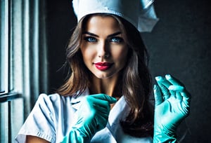 instagram photo, full photo of 26 y.o sexy nurse, putting on rubber gloves, perfect detailed eyes, natural skin, hard shadows, film grain