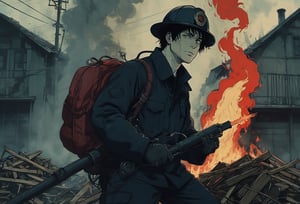 Dark anime.  A fireman, Guy Guy Montag from Fahrenheit 451, torching a pile of books with a flame thrower.