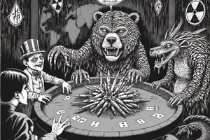 Junji Ito style. Create a  illustration titled 'Nuclear Poker,' featuring Uncle Sam, a large bear (representing Russia), and a dragon (representing China) seated around a poker table. They are engaged in an intense game, with a pile of miniature missiles in the center of the table as their stakes. Uncle Sam is on the leftwearing his iconic red, white, and blue outfit, the bear sits in the midle, hulking and serious. The dragon is on the right, poised and watchful. The setting is a dark, moody room, with a world map or nuclear warning signs subtly placed in the background. The overall tone should blend humor, symbolism, and geopolitical commentary, 