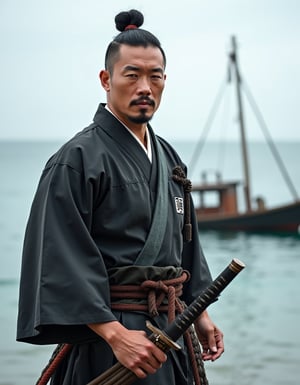 A Japanese man dressed as a Samurai, with a chonmage  haircut. His left hand is on the hilt of his sword carried around his waist. Background is the sea with a fishing boat