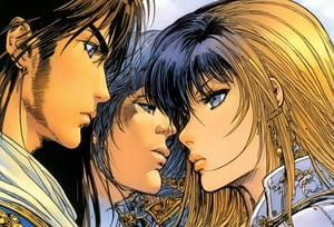 Art by Masamune Shirow. Closeup of a couple staring intensely at each other.