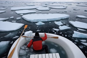 Photo of a man navigating a bathtub through Arctic ice. BREAK Picture of a person paddling a bathtub across icy Arctic waters. BREAK Image of a man rowing a bathtub amidst Arctic ice floes. BREAK Snapshot of someone steering a bathtub through frozen Arctic terrain. BREAK Photograph of a man maneuvering a bathtub over ice in the Arctic.