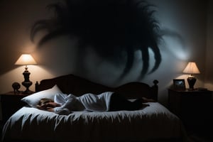 Photo a woman peacefully sleeping in her bed. Looming over her is a massive shadow creature, its fingers gently touch her foot. The atmosphere is one of suspense and unease, with a blend of light and darkness that captures the viewer's attention