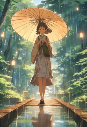 Anime illustration of a Japanese schoolgirl holding a transparent umbrella. She gracefully walks across a wooden bridge, with the reflection of her steps visible on the wet ground below. The background is a lush,  forest 