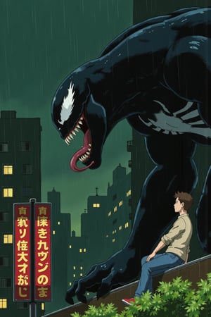 ghiblify anime. Sketch painting. ghiblistyle. A night scene in a Japanese urban setting. A man in profile, is looking up at the looming and towering profile of Venom who advances on the same structure. The man wears a light beige long-sleeved shirt, blue jeans, and red shoes. Venom is depicted in his classic form: large, black, and muscular with a toothy grin, long red tongue, and white, menacing eyes. Heavy rain is falling and everyone is soaking wet. The background features a dense array of multi-story buildings with glowing windows and Japanese signage. Two vertical signs are prominent in the foreground. One, directly behind the man, is red with gold-colored characters (presumably Kanji). The other, on the lower left edge, is a lighter color with darker vertical text. The scene is filled with dark greens and blues, giving it a nocturnal and slightly melancholic atmosphere. Greenery, like vines and leafy plants, grows on the buildings and the structure where the man sits, contributing to the Ghibli aesthetic.,