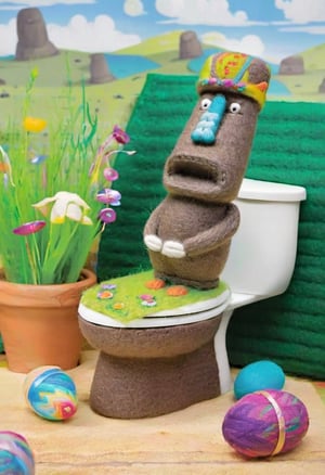 Easter Island statue made of wool, squatting on a Toilet Seat,w00len