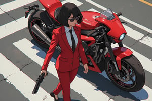 Anime style. Overhead shot of an Asian woman walking away from a futuristic motorcycle parked at a zebra crossing. The woman has bob hair, is smoking. She wear a red business suit, white shirt, black tie, and sunglasses. She holds a gun with a confident grip. The motorcycle itself is red, sleek and metallic, with intricate designs and a futuristic vibe.