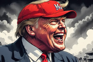 Close up of Donald Trump laughing with his mouth open, wearing MAGA baseball cap, ink art