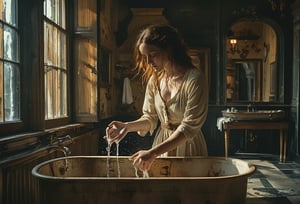 Photo of Lady Macbeth,  disheveled hair, washing her hand using an antique washing basin, castle interior, stylized, Light, epic atmosphere, theatrical, 