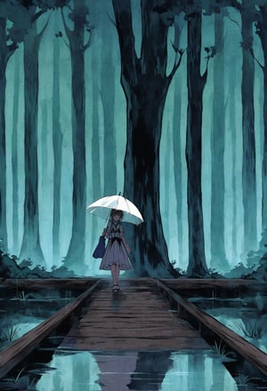 Anime illustration of a Japanese schoolgirl holding a transparent umbrella. She gracefully walks across a wooden bridge, with the reflection of her steps visible on the wet ground below. The background is a lush,  forest 