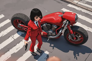 Anime style. Overhead shot of an Asian woman walking away from a futuristic motorcycle parked at a zebra crossing. The woman has bob hair, is smoking. She wear a red business suit, white shirt, black tie, and sunglasses. She holds a gun with a confident grip. The motorcycle itself is red, sleek and metallic, with intricate designs and a futuristic vibe.