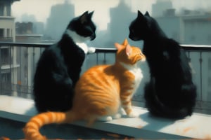 Two cats kissing on a balcony. One cat is an orange tabby. The other is a black cat. Art by Jeremy Mann