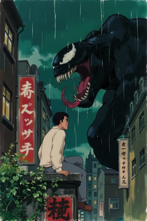 ghiblify anime. KikiLaPetiteSorciere style image. Sketch painting. ghiblistyle. A rainy night scene in a Japanese urban setting. A man in profile, is looking up at the looming and towering profile of Venom who advances on the same structure. The man wears a light beige long-sleeved shirt, blue jeans, and red shoes. Venom is depicted in his classic form: large, black, and muscular with a toothy grin, long red tongue, and white, menacing eyes. Heavy rain is falling and everyone is soaking wet. The background features a dense array of multi-story buildings with glowing windows and Japanese signage. Two vertical signs are prominent in the foreground. One, directly behind the man, is red with gold-colored characters (presumably Kanji). The other, on the lower left edge, is a lighter color with darker vertical text. The scene is filled with dark greens and blues, giving it a nocturnal and slightly melancholic atmosphere. Greenery, like vines and leafy plants, grows on the buildings and the structure where the man sits, contributing to the Ghibli aesthetic.,