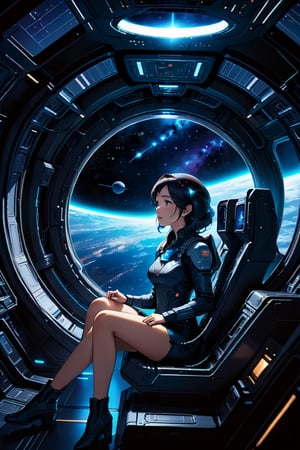 Woman sitting  inside a spaceship, looking at the outside, deep black space, night scene, highly detailed