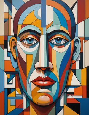 Abstract cubism painting of a muilticolored, giant face inside a ultra modernistic living room,
