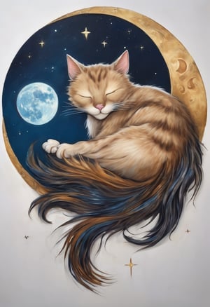 Fantasy painting of a cat sleeping on a crescent moon, night scene