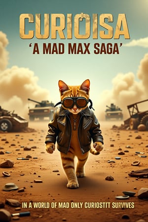 Prompt: Parody movie poster for "Curiosa: A Mad Max Saga," featuring a golden tabby cat wandering through a post-apocalyptic world inspired by Mad Max. The cat, wearing a tiny leather jacket and goggles, confidently strides through a barren desert landscape littered with wrecked vehicles and debris. In the background, dust clouds rise as war vehicles chase one another, while the cat walks unfazed. The title "Curiosa: A Mad Max Saga" is displayed in bold, weathered letters, with the tagline "In a world gone mad, only curiosity survives." The overall aesthetic mirrors the gritty, chaotic feel of the Mad Max universe, but with a whimsical, feline twist.,