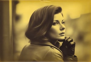 selfie, fine art photo, glamour shot, (designed by Chris Friel:0.8) , photograph, crowded street, stylized, (Woman:1.3), Resting on a diagonal, the Woman has Chestnut hairstyle, Gloves, inside a Trench, Light, Heterotype, Sony A7, 800mm lens, vibrant, colorful, dramatic, epic atmosphere, theatrical, badge, Stahlhelm, colouring_experiment_analogue