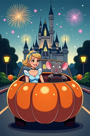 A whimsical illustration of a couple driving to the ball in a car shaped like a big, round pumpkin. Cinderella is sitting in the passenger seat on the left, dressed in her sparkling blue gown, and a diamond crown on her short blond hair, adding a modern and edgy twist to her classic look. The driver, a mouse, is sitting on the right, gripping the wheel, determined to get her there on time. In the background, a grand, magical castle stands tall, with vibrant fireworks lighting up the sky. The scene is set at dusk, with soft, warm lighting highlighting the playful, fairytale atmosphere. Dynamic, cartoonish style, bright colors, wide-angle view, cinematic framing.