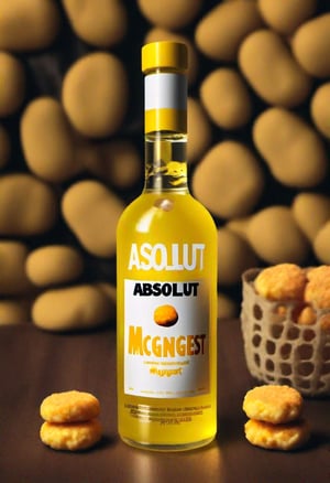 Photo of A bottle of yellow vodka with label  "ABSOLUT MCNUGGET"