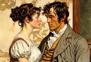 Art by Norman Rockwell. A couple staring intensely at each other.  Elizabeth Bennet and Mr. Darcy from Pride and Prejudice