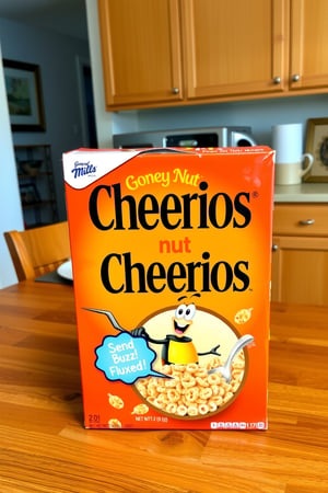 General Mills 'Honey Nut Cheerios' cereal box sitting on a kitchen table. The box is prominently displayed in the center of the table, featuring the iconic orange and yellow colors with the bee mascot and a bowl of Cheerios on the front. There is a speech bubbled on the box that say 'Send Buzz! Get Fluxed!'