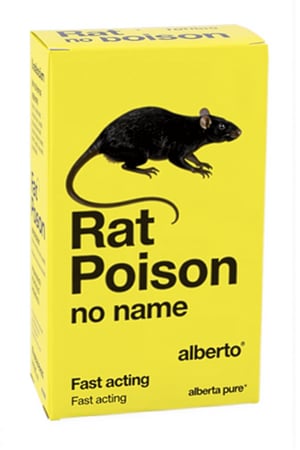 This is a photograph of a packaging box for rat poison. The box is rectangular with a bright yellow background, displaying a minimalist design with the silhouette of a large dead rat on the box. The front of the box features prominent black bold text "Rat", and "Poison" below in a larger, bolder font. Below this, in smaller text, it reads "no name" in black. The dimensions are specified as "Fast acting" and the text "alberta pure" is printed at the bottom right corner.  