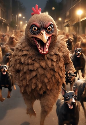 Photo. Close up of An Asian man (dressed in a oversize feather chicken suit) running in terror in the middle of the night, face visible, wearing glasses, chased by a pack of feral (Doberman dogs).,big eyes