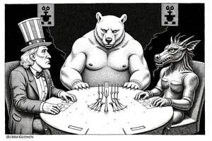 pen and ink realism, detailed linework, stipple shading, crosshatching, black and white ink drawing, detailed linework. Create a satirical and symbolic illustration titled 'Nuclear Poker,' featuring Uncle Sam, a large bear (representing Russia), and a dragon (representing China) seated around a poker table. They are engaged in an intense game, with miniature missiles in the center of the table as their stakes. Uncle Sam is on the leftwearing his iconic red, white, and blue outfit, the bear sits in the midle, hulking and serious. The dragon is on the right, poised and watchful. The setting is a dark, moody room, with a world map or nuclear warning signs subtly placed in the background. The overall tone should blend humor, symbolism, and geopolitical commentary, 