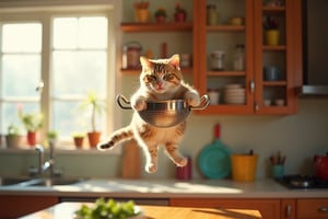 A whimsical image of a cat perched on a colander, effortlessly floating in mid-air within a cozy kitchen. The cat has a mischievous grin on its face, while the colander appears to act as a makeshift flying device. The kitchen below features an array of colorful utensils and appliances, with sunlight streaming through the window, casting a warm glow on the scene. The overall atmosphere is playful and charming, showcasing the unexpected and delightful nature of everyday life.