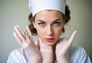 Instagram photo of 26 y.o sexy nurse, putting on rubber gloves, perfect detailed eyes, natural skin, hard shadows, film grain, style by J.C. Leyendecker. Canon 5d Mark 4, Kodak Ektar, 35mm