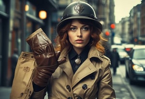 Fine art photo, glamour shot, Woman with Chestnut hairstyle, Gloves, badge, Stahlhelm, crowded street, trench coat, stylized, Light, epic atmosphere, theatrical, 